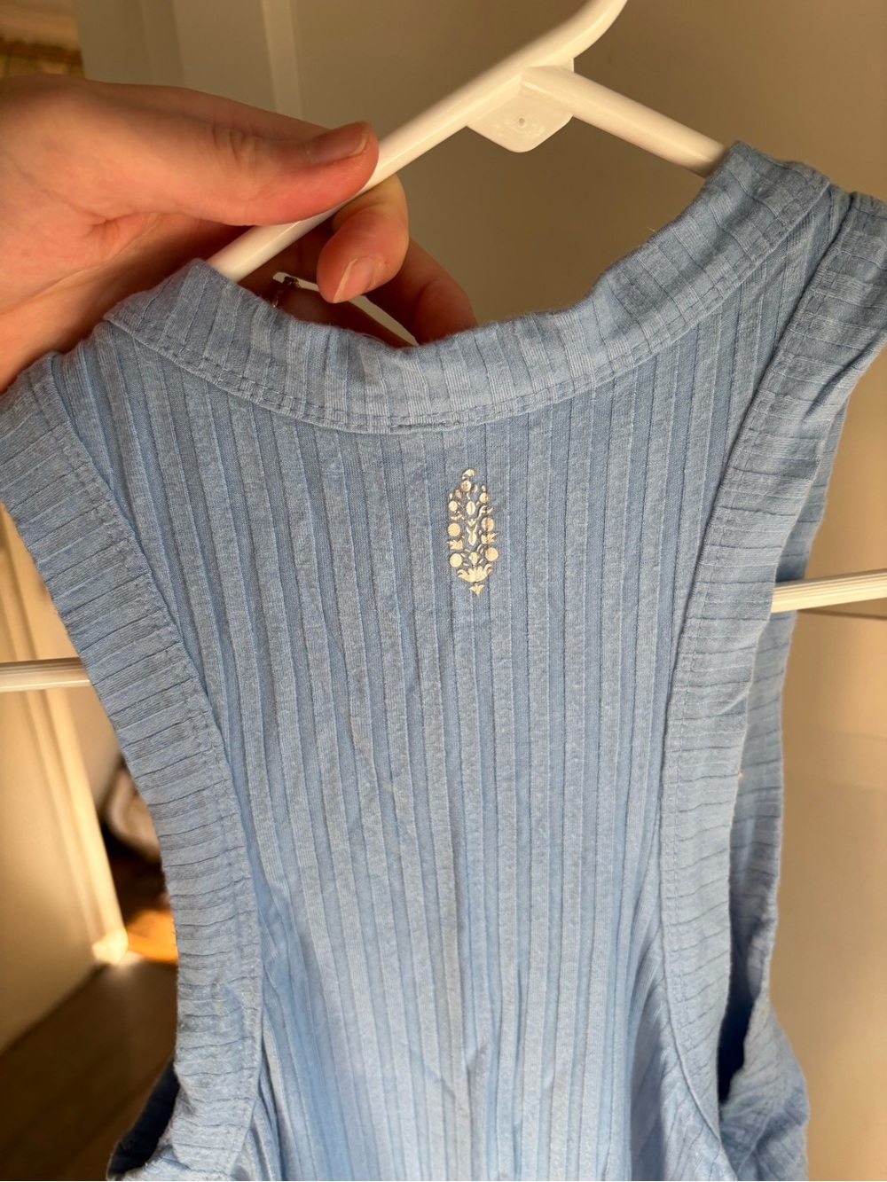 Free People Sky Blue Ribbed Tank with Back Embroidery
